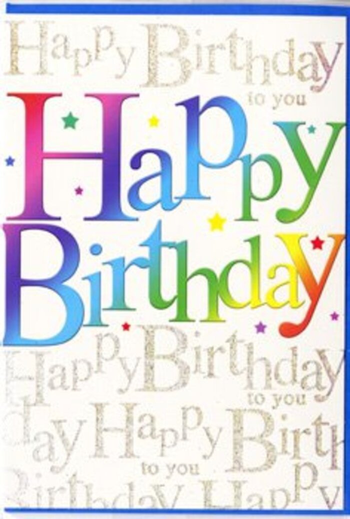 This photograph presents a stylish birthday card whose front radiates the warm, celebratory spirit of a birthday gathering in Bromley. Dominating the design is the phrase Happy Birthday, sprawled in large, confident letters that stretch across most of the card's width. Each letter is bathed in a different section of a flowing rainbow gradient, starting with dark red and rich wine tones on one side, then gently transitioning through bright pinks and plums, sliding into inky blues and cyan, before lightening into gentle greens, buttery yellows, and glowing peach shades. The colour flow is seamless and polished, reminiscent of the way a thoughtfully bundled bouquet from Bromley Flowers moves from dramatic focal blooms to softer surrounding tones. The ink of the main message looks slightly raised and glossy, providing a subtle tactile contrast against the smoother background card. Delicately scattered around the lettering are tiny star-like shapes and flecks in matching colours, hinting at confetti, balloons and streamers that might accompany birthday parties in homes dotted around Shortlands and Sundridge Park. Behind the bold greeting lies an intricate backdrop of gold script, repeating the words Happy Birthday to you in elegant, looping handwriting that stretches from edge to edge. The metallic gold catches the light in a gentle, refined shimmer rather than a loud sparkle, like late afternoon sunshine reflecting off the ponds in Kelsey Park. This fine script adds texture and depth, giving the impression of many soft voices singing along behind the strong lead of the central words. The overall mood is festive, heartfelt, and a touch luxurious-exactly the sort of card you might tuck beside a bouquet delivered across Bromley or West Wickham to make someone's special day feel even more memorable.