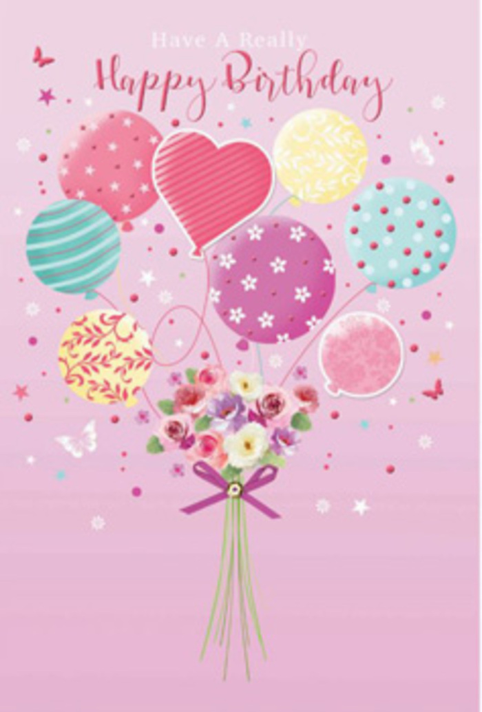 Gentle, celebratory birthday illustration showing a pastel bouquet of balloons carrying a small garden's worth of flowers, as if drifting lazily above the tree-lined streets of Bromley. The scene is painted over a soft pink backdrop that immediately suggests warmth and affection. Rising from the base, a group of balloons forms the focal point: some round, some slightly elongated, and one especially charming heart-shaped balloon in the middle that captures the eye. Their colours are harmoniously blended-pale sunshine yellow, rosy pink, mint and sea green, and soft lavender-decorated with whimsical patterns of twirling stripes, clustered polka dots, delicate florals, and occasional tiny stars. All the balloon strings gather at the base, where a hand-tied bouquet anchors the composition. The flowers are small yet abundant, featuring miniature roses and daisy-like blossoms in shades of creamy ivory, blush, and muted mauve. The petals are depicted with feather-light shading, giving them a velvety, fresh-cut look, as if they were just prepared for same-day birthday delivery by a Bromley florist near Queens Gardens. A vivid violet bow holds the stems together, drawn with enough gleam to suggest silky ribbon catching the light. Soft highlights wash over the balloons, while the flowers appear softly lit from above, creating the feeling of gentle daylight. Around the arrangement, tiny butterflies and scattered stars float, like confetti drifting on a slow breeze. The mood is both whimsical and refined, evoking the quiet happiness of being thought of on your birthday. It's an image that conveys joy, tenderness, and the artistry of a well-composed floral design without a single word printed on the card itself.