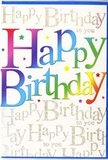 The image shows a bright, modern birthday card, its front alive with rainbow colour and delicate golden script, the kind of design that would pair perfectly with a colourful bouquet delivered anywhere in Bromley. At the centre, the words Happy Birthday appear in large, rounded letters that feel friendly and celebratory. Each letter is filled with a rich gradient of colour: deep crimson blends into cerise, then into plum, sapphire, and turquoise, before softening into grassy greens and warm yellow-oranges. The transitions are smooth and luminous, like the shifting hues of a summer sky over Bromley as evening draws in. The main lettering has a slightly glossy finish, suggesting a gentle shine when it catches the light. Small stars and confetti-like dots in coordinating colours sprinkle the area around the text, adding a sense of motion and cheerful fun, much like confetti tossed at a birthday gathering near Bromley North. Behind the bold rainbow message, the entire background is covered with fine gold script, repeating Happy Birthday to you in an elegant, flowing hand. The metallic gold looks refined and slightly reflective, giving the impression of a soft, luxurious shimmer rather than heavy glitter. This repeating script forms a subtle pattern, like a quiet chorus of voices echoing the main greeting. Together, the radiant typography, playful confetti details and layered golden calligraphy create a card that feels both exuberant and thoughtful-ideal for slipping next to a hand-arranged birthday bouquet from a trusted Bromley florist, adding colour, warmth and a sense of occasion to any celebration across BR1 and nearby neighbourhoods.