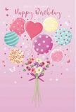 Whimsical birthday card design in pastel shades, as if inspired by a joyful celebration taking place in a Bromley back garden. Set against a soothing blush pink background, a cluster of balloons rises in the centre, their soft colours echoing early evening skies-blush, mint, lemon, teal, lilac, and pale lavender. Each balloon is given its own personality through playful decoration: delicate stripes spiral upwards, confetti-like polka dots scatter across glossy surfaces, stylised flowers bloom along the sides, and a heart-shaped balloon at the centre radiates a sense of affection and closeness. These balloons appear to lift from a compact floral bouquet positioned at the bottom of the composition. The bouquet is rich in small, detailed blooms-petite roses and anemone-like flowers pressed closely together, with petals in creamy ivory, blush pink, and whisper-soft mauve. The textures suggest plush, velvety petals, like flowers freshly arranged at Bromley Flowers for a same-day birthday delivery. A deep violet satin bow secures the stems, its sheen catching subtle highlights that make it almost tangible. Gentle light seems to pour over the entire scene, picking up the gloss on the balloons and the natural glow of the petals, reminiscent of daylight filtering through a shop window along Widmore Road. Around the design, tiny stars and butterfly silhouettes drift, adding an enchanting, fairy-tale feel. The image radiates light-hearted celebration and warmth, perfectly capturing the feeling of sending birthday love through a mix of balloons and flowers, thoughtfully combined into one uplifting, airy composition.