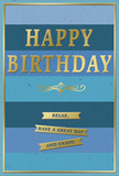 The birthday card in the image radiates a quiet sense of celebration, combining layered blues with luminous gold details that feel perfectly suited to a relaxed Bromley gathering. The background is composed of wide, horizontal stripes, each a carefully chosen tone of blue. At the top, the colour is a deep, velvety navy, sliding gradually through rich cobalt and soothing teal to a lighter, almost pastel sky blue toward the bottom, creating a gentle ombre effect reminiscent of the sky clearing after rain over Queens Gardens. These stripes are matte and smooth, suggesting a quality card stock with a soft touch. Prominently across the middle, the words HAPPY BIRTHDAY stretch in large, embossed gold letters. The metallic gold catches the light with a warm, subtle gleam, adding an air of occasion while keeping the overall design refined and uncluttered. The raised lettering looks tactile and well-crafted. Below this central greeting, a fine, scrolling gold flourish serves as a decorative divider, its curved lines adding a hint of classic charm. Further down the card, three slim gold banners run in parallel, one under the other, each ribbon neatly bearing part of a simple, heartfelt message: Relax, have a great day and enjoy! These words feel like a friendly reminder to take time for joy. A narrow gold border outlines the entire design, giving it a framed, complete appearance. Paired with a fresh birthday bouquet delivered locally, this card would sit beautifully on a Bromley mantelpiece or coffee table, quietly inviting the recipient to unwind and delight in their special day.